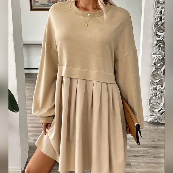 Dresses & Skirts - Round Neck Lantern Sleeve Pleated Long Sleeve Sweatshirt Dress